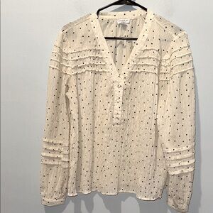 Anthropologie Current Air Cream Blouse Black Dots full sleeve button down top